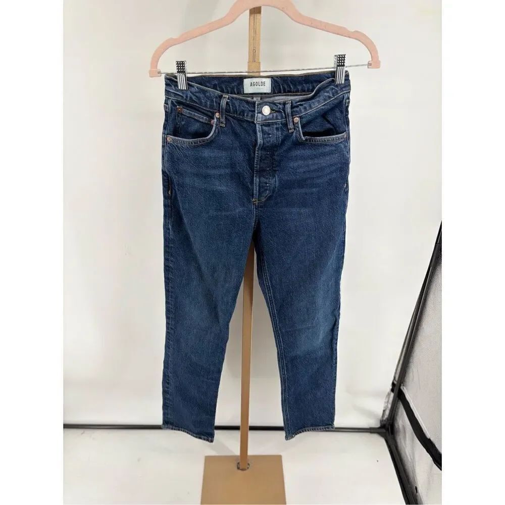 Agolde Riley Long Straight Jeans Size 26 Dark Wash High Rise Organic Cotton